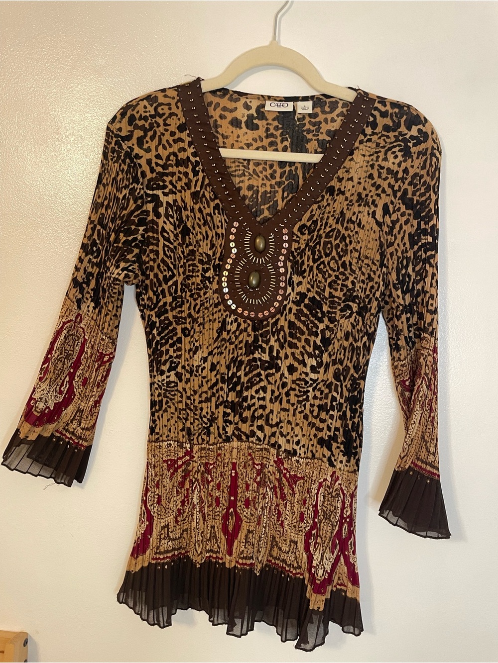 Animal print blouse with beaded details size large Cato